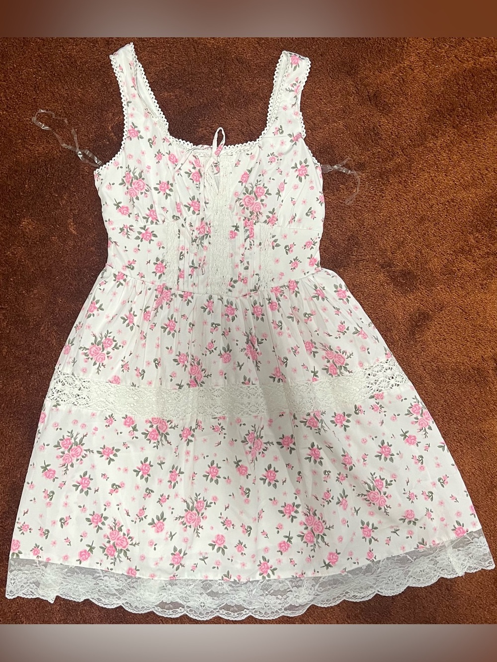 White Floral Lace Sundress for Girls — Pink Rose Print
